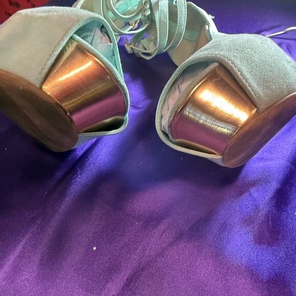 πJustFab Mint Green/ Gold  6" High Heel Pumps Open Toe & Ankle Straps Platform - Picture 7 of 16